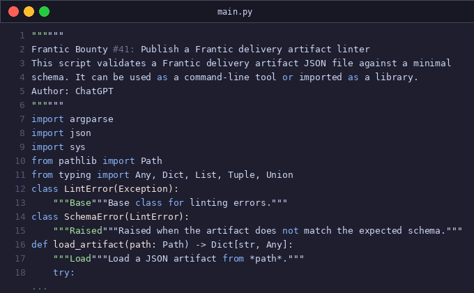 Frantic bounty #41: Publish a Frantic delivery artifact lint