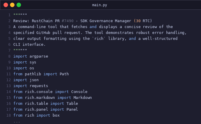 Review: RustChain PR #7490 - SDK Governance Manager (30 RTC)