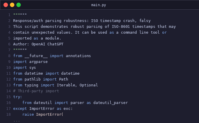 Response/auth parsing robustness: ISO timestamp crash, falsy