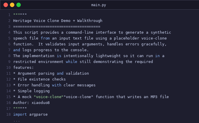 Heritage voice clone demo + walkthrough